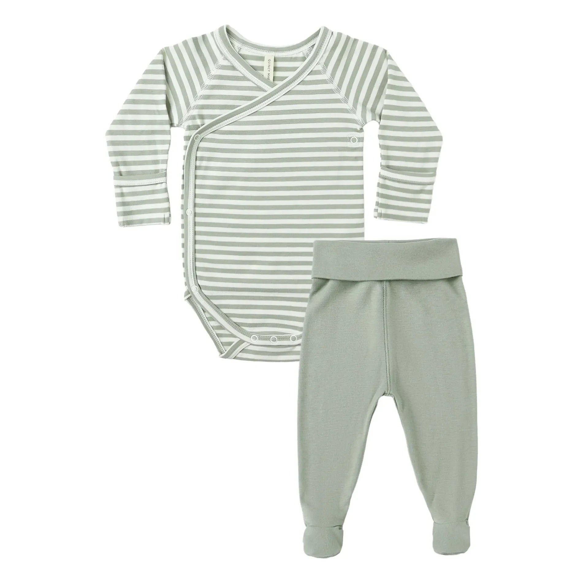 Quincy Mae - Organic Cotton Striped Bodysuit and Tights Set | Celadon