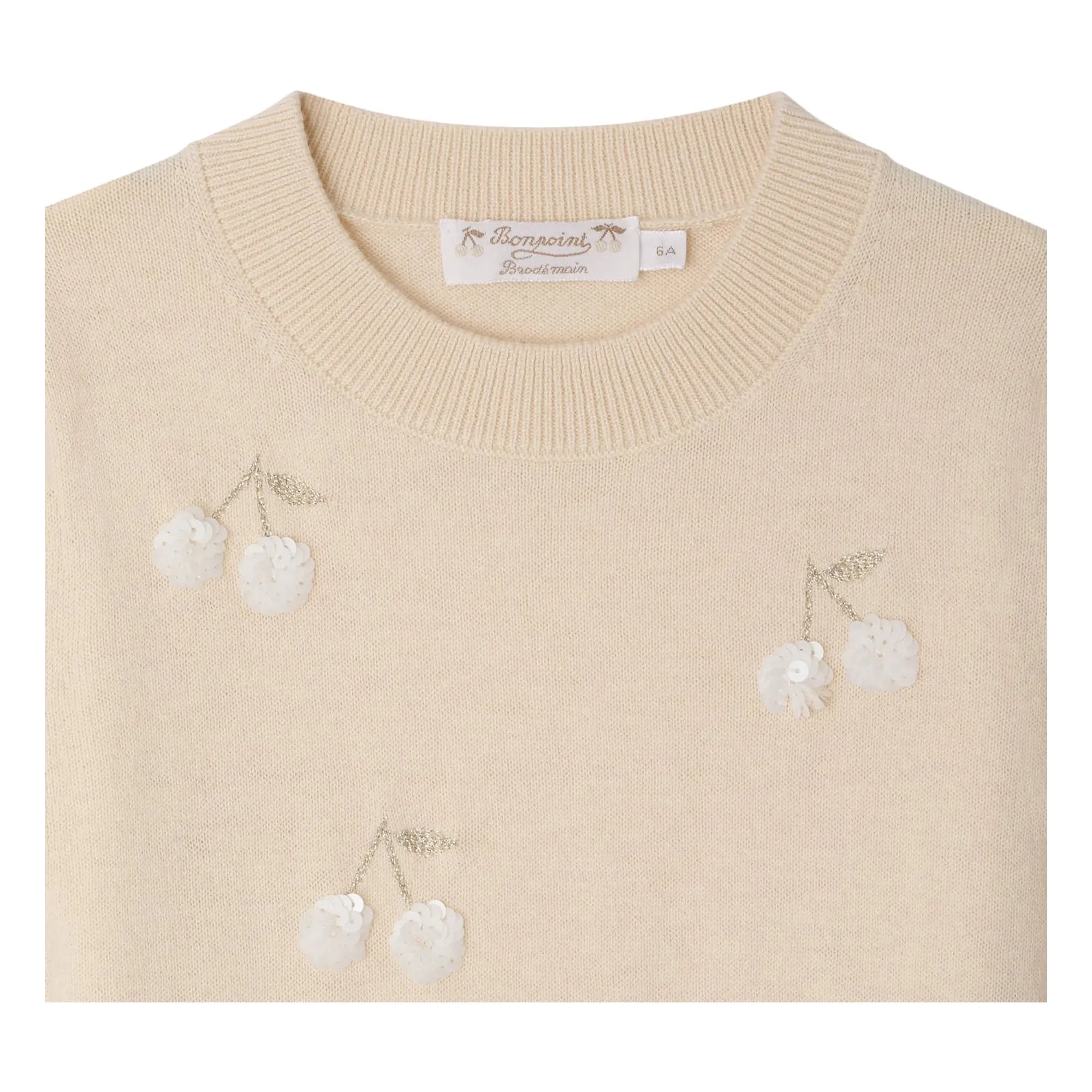 Bonpoint - Leola Kurzarm-Pullover aus Wolle mit Paillettenkirschen | Beige Rosa