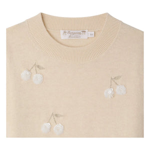 Bonpoint - Leola Kurzarm-Pullover aus Wolle mit Paillettenkirschen | Beige Rosa