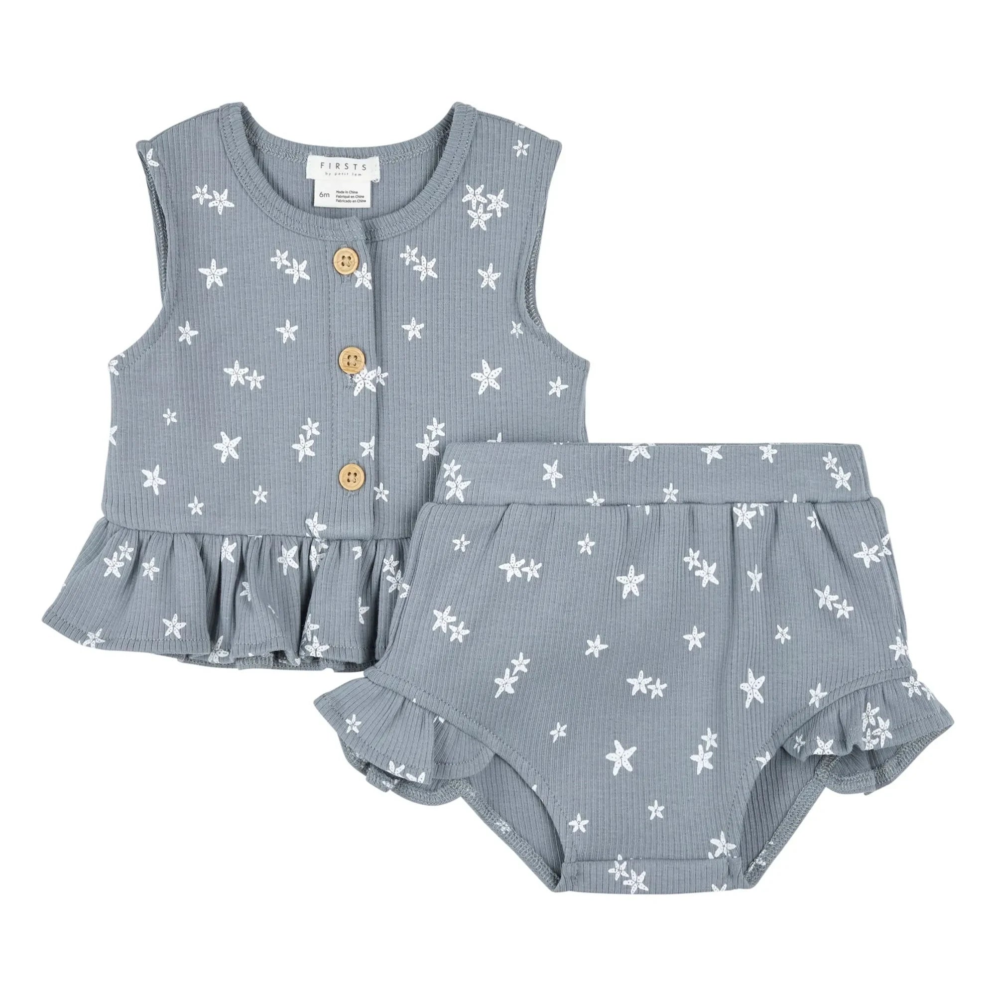 Petit Lem - Etoiles de Mer Embossed Organic Cotton Top and Shorts Set | Gray Blue