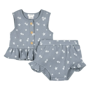 Petit Lem - Etoiles de Mer Embossed Organic Cotton Top and Shorts Set | Gray Blue