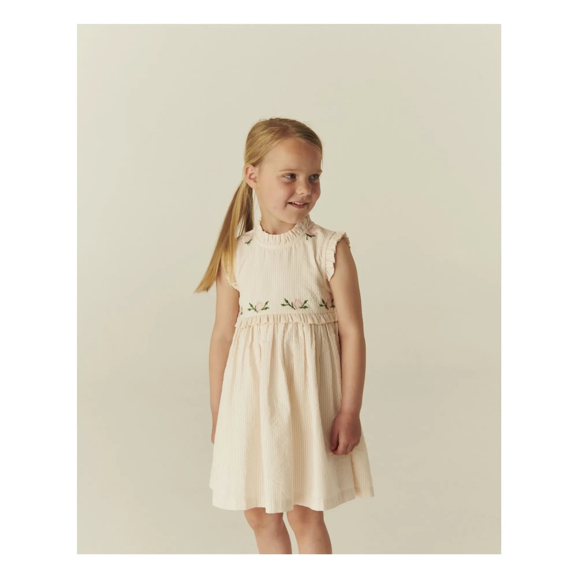 Copenhagen Colors - Striped Embroidery Dress Seersucker Organic Cotton | Powder Pink