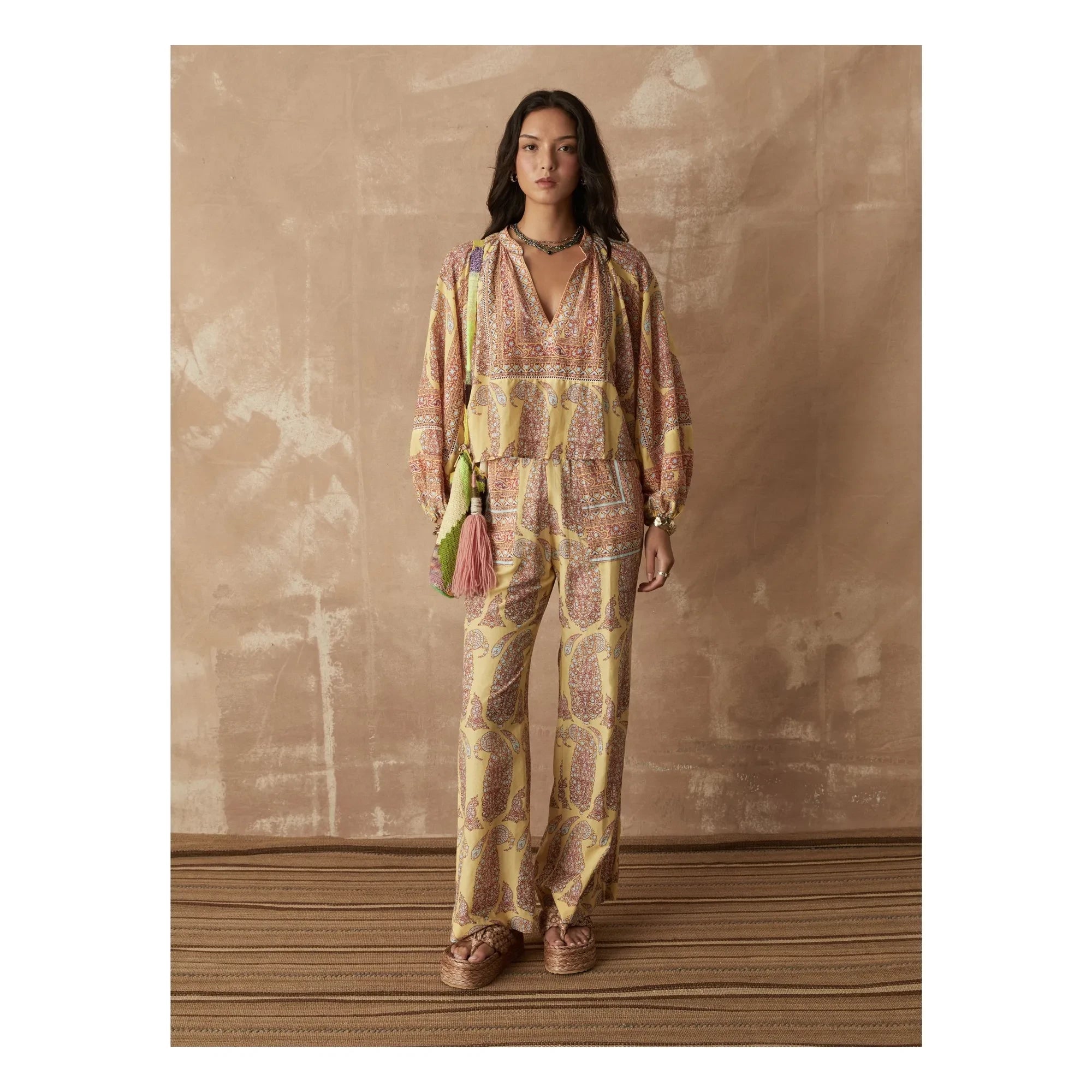 Boteh - Calico Baumwollhose mit geradem Schnitt | Zitronengelb