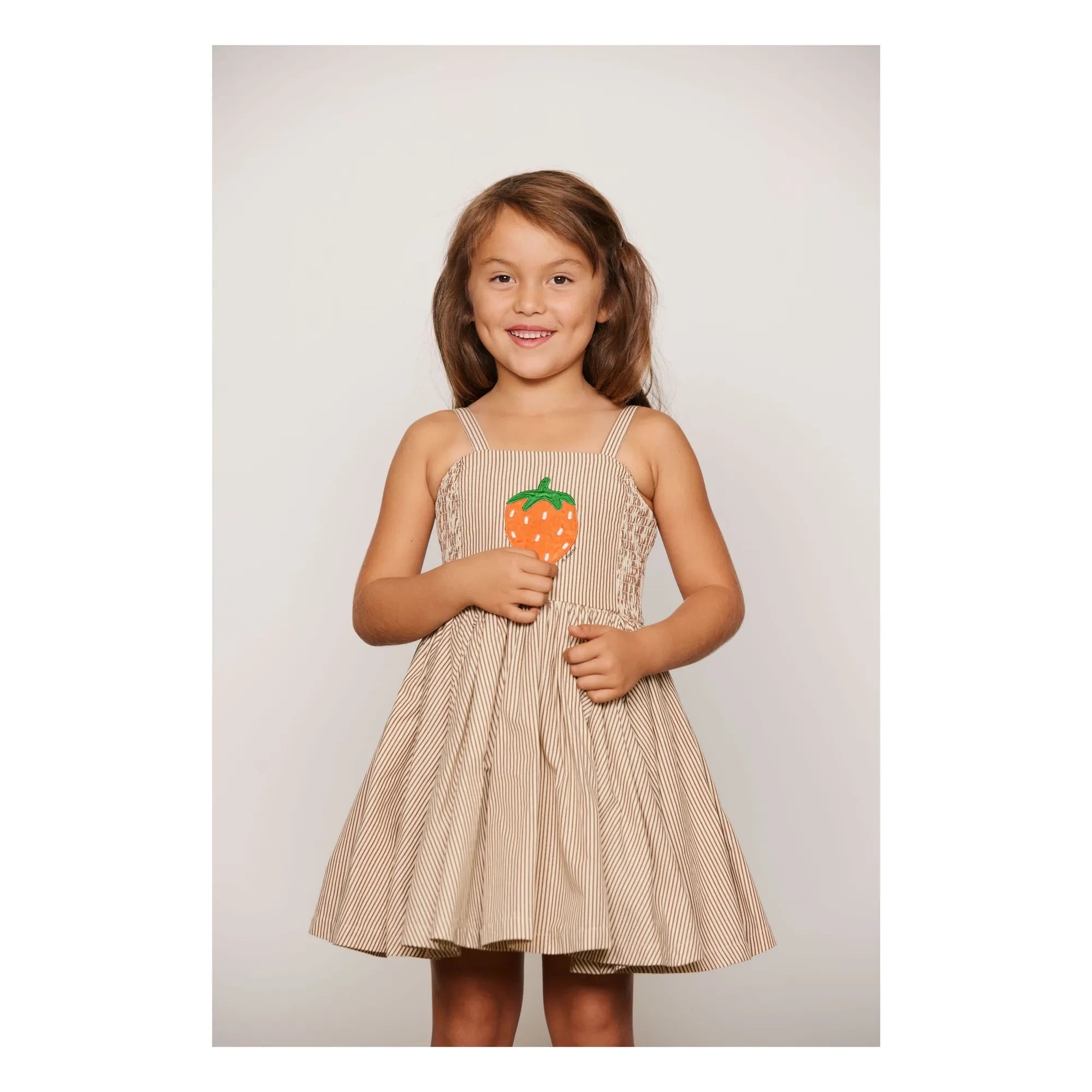 Mini Rodini - Çizgili Poplin Organik Pamuklu Büzgülü Elbise | Kahverengi