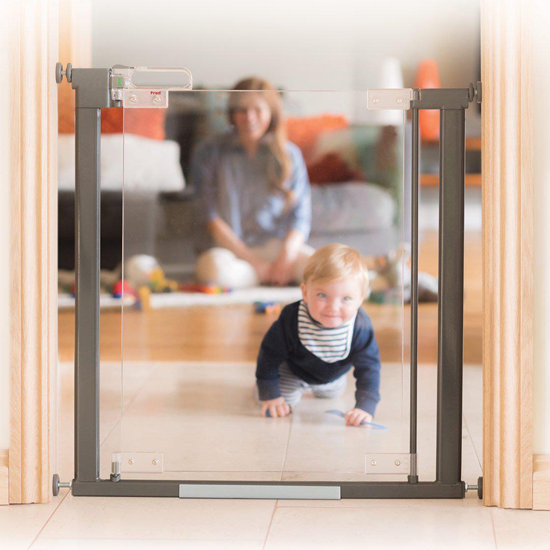 Fred Pressure Fit Stairgate - Clear Acrylic Panel/Dark Grey Fittings-Stair Gates- | Natural Baby Shower