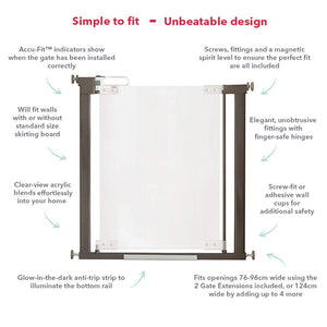 Fred Pressure Fit Stairgate - Clear Acrylic Panel/Dark Grey Fittings-Stair Gates- | Natural Baby Shower
