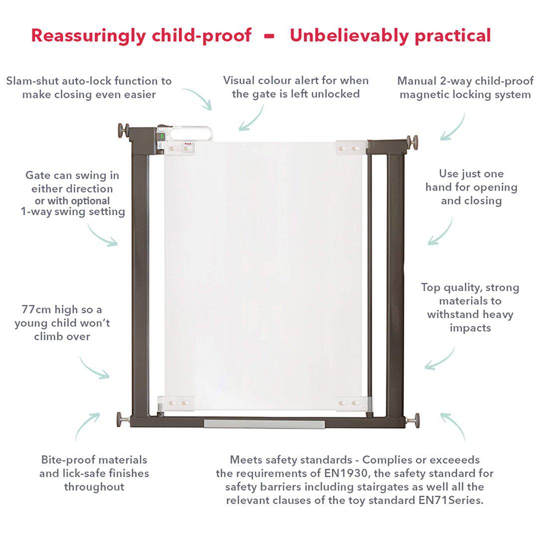 Fred Pressure Fit Stairgate - Clear Acrylic Panel/Dark Grey Fittings-Stair Gates- | Natural Baby Shower