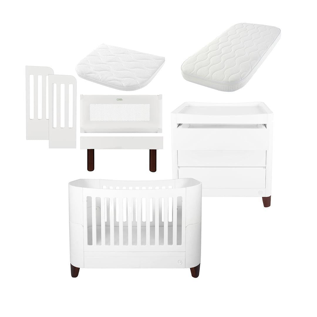 Gaia Baby Serena Cot Bed + Bedside Crib Set (Incl Bedside mattress), Cot Bed and Dresser - White / Walnut-Nursery Sets-White / Walnut-With Mattress | Natural Baby Shower