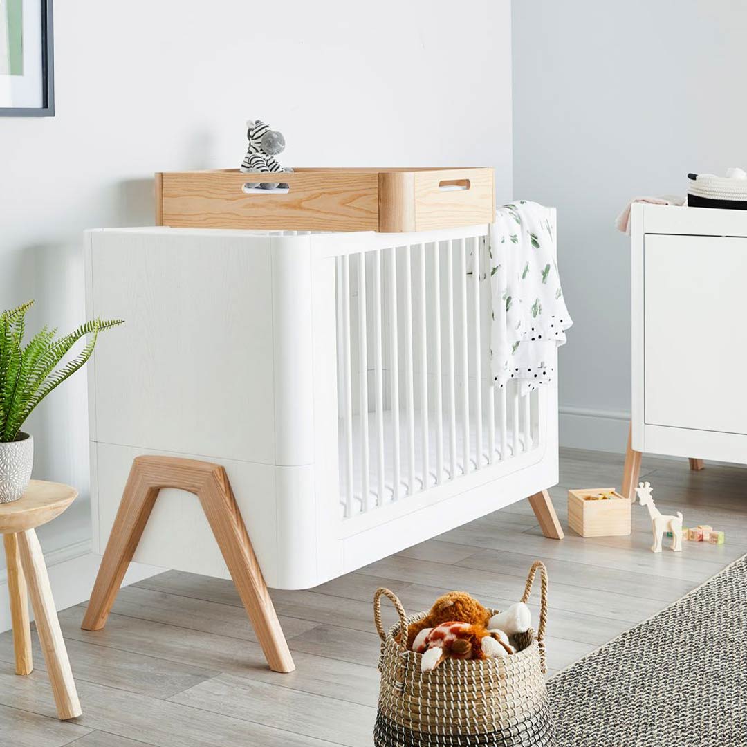 Gaia Baby Hera Cot Bed + Bedside Crib Two Piece Bundle - Scandi-White + Natural-Nursery Sets- | Natural Baby Shower