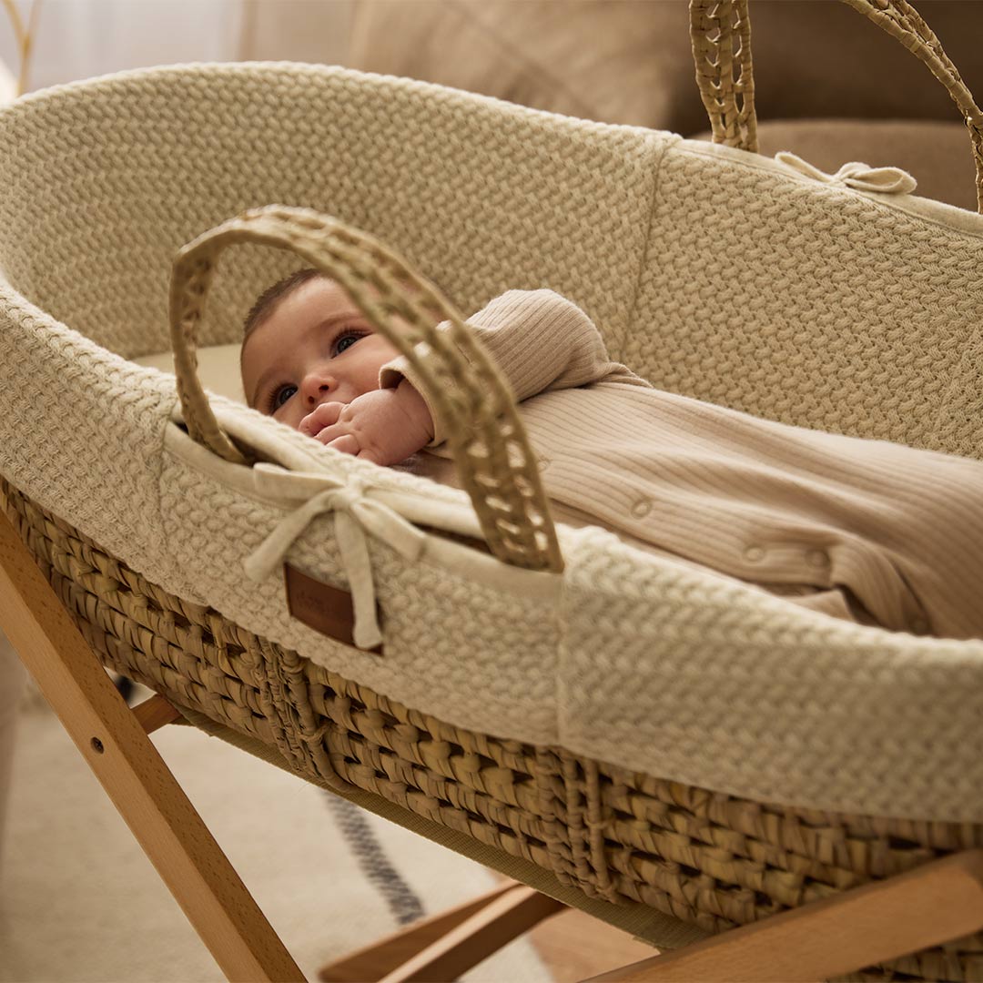 The Little Green Sheep Wheat Knit Moses Basket and Foldable Stand Bundle - Linen / Natural-Moses Baskets-Linen / Natural- | Natural Baby Shower