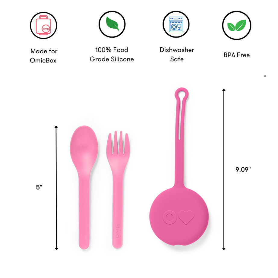 Omiebox - OmiePod Ensemble de fourchette et cuillère en silicone rose ballon