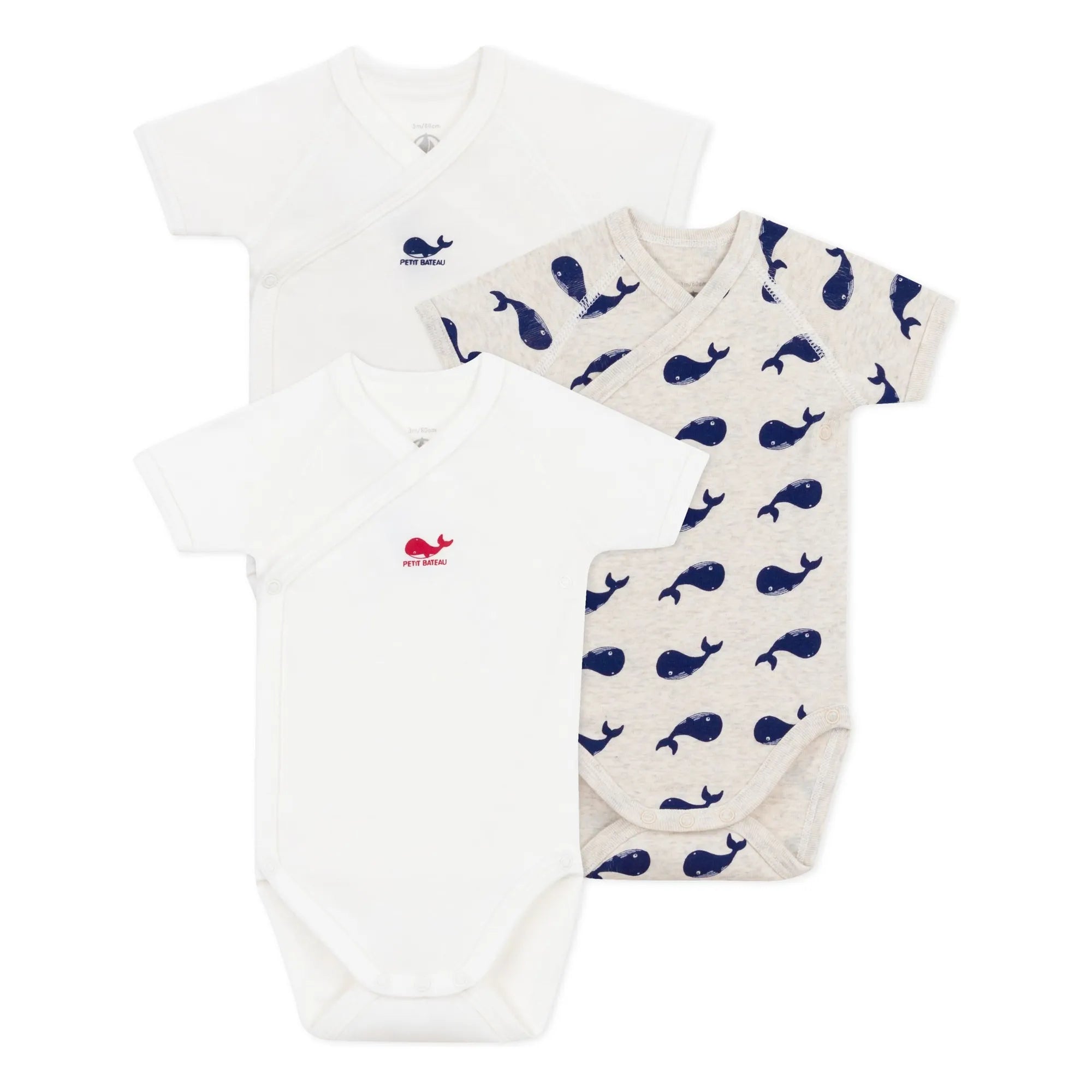 Petit Bateau - 3'lü Organik Pamuk Balina Yenidoğan Body Seti | Ecru