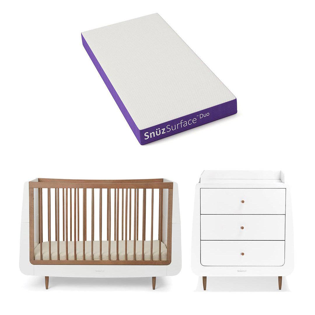 SnuzKot 2 Piece Nursery Furniture Set - The Natural Edit - Walnut-Nursery Sets-Walnut-Snuz Surface Duo Dual-Sided Cot Mattress | Natural Baby Shower
