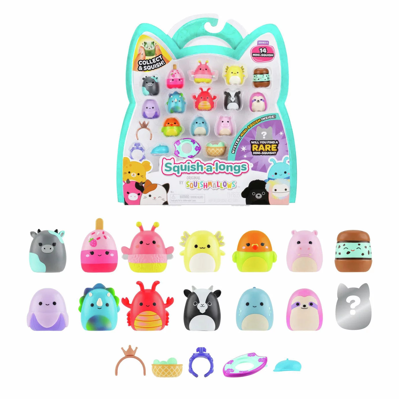 Squishmallows - Squish-a-longs Set de 14 Figuras + Anillo + 4 Accesorios Serie Especial Juguete