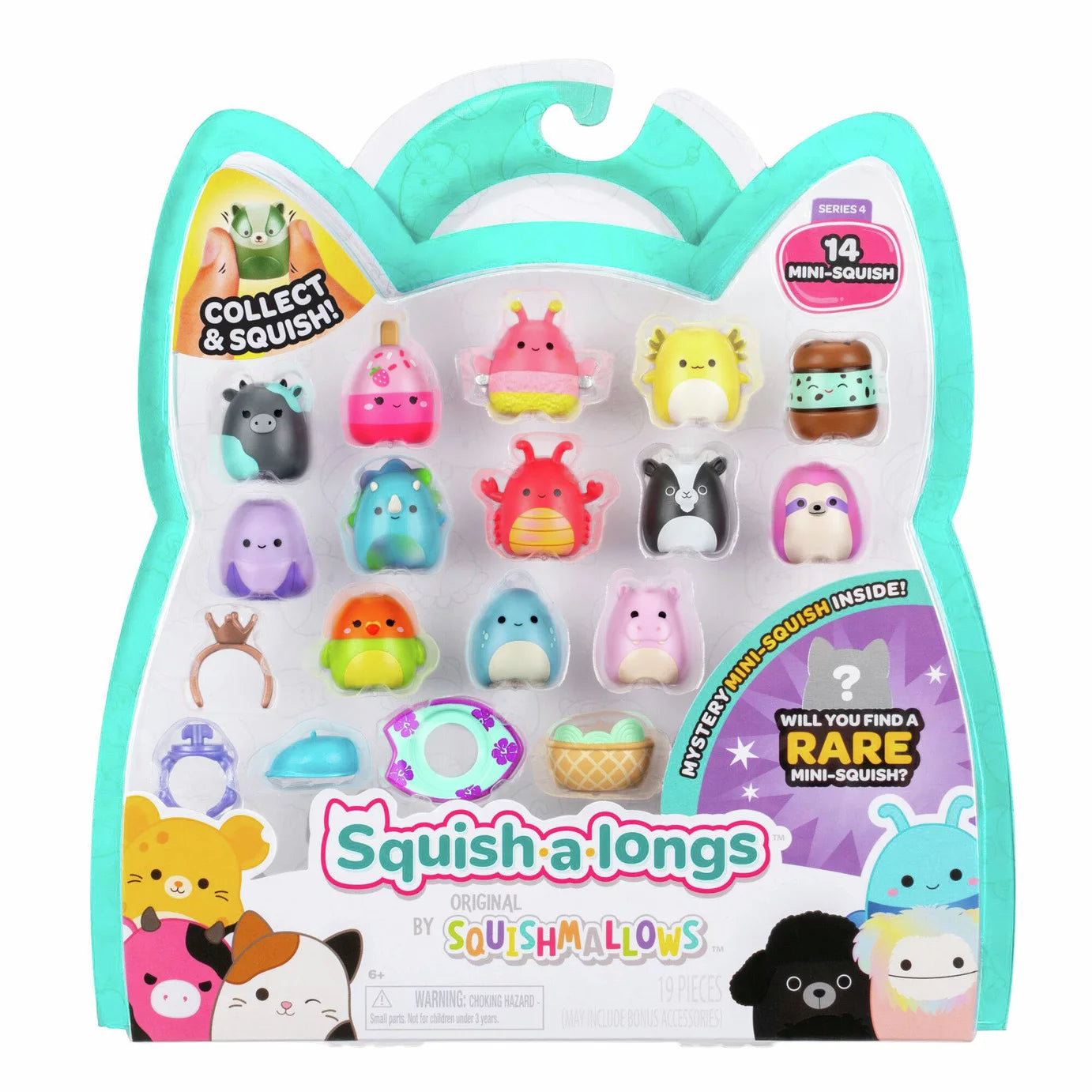 Squishmallows - Squish-a-longs Set de 14 Figuras + Anillo + 4 Accesorios Serie Especial Juguete