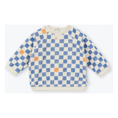 Arsène et Les Pipelettes - Bebek Organik Pamuk Damier Sweatshirt | Azure Mavi